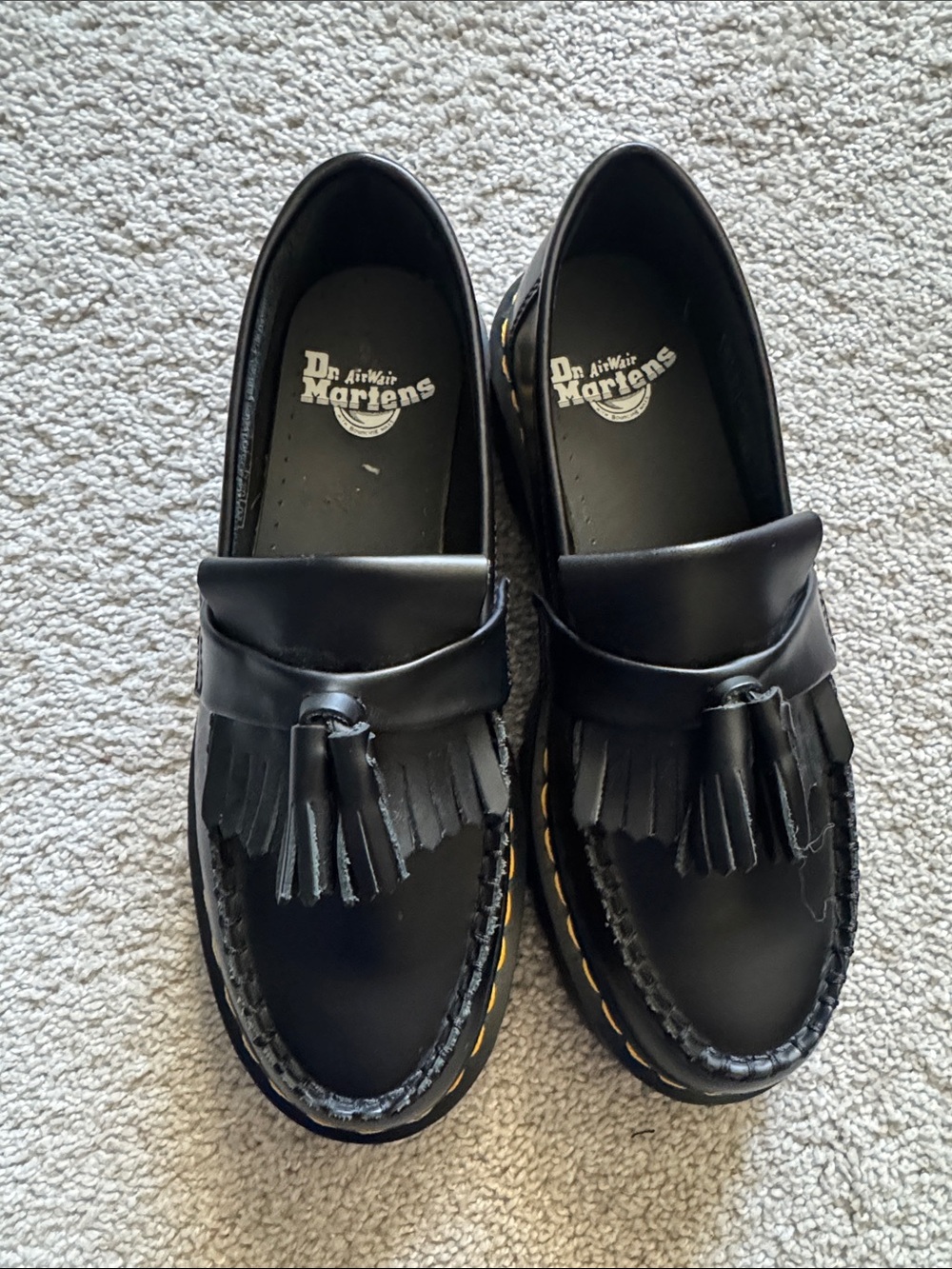 Dr. Martens Black Leather Tassel Fringe Loafers with Yellow Stitching